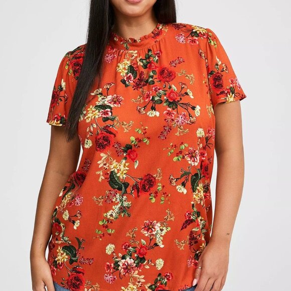 Torrid Long Time Floral Chili Rayon Slub Mock Neck Flutter Sleeve Top Size 2 - Picture 1 of 12